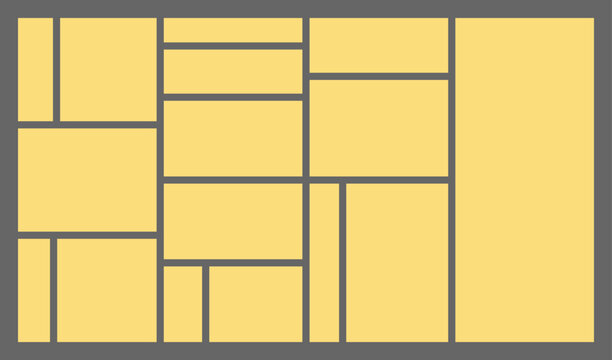 Dimensions 16x9 trendy bento grid layout style brick Ui UX templates. Web comic grids with right angles. Different panel layouts with y2k and brutal shapes tiles of different sizes Vector illustration