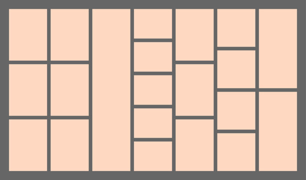 Dimensions 16x9 trendy bento grid layout style brick Ui UX templates. Web comic grids with right angles. Different panel layouts with y2k and brutal shapes tiles of different sizes Vector illustration
