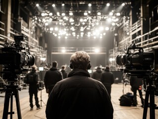 A production team films a video in a studio with bright stage lights. The scene features multiple cameras and crew members focusing on the shoot.