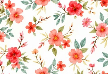 Delicate watercolor floral pattern featuring vibrant coral and pink flowers, soft blue accents, and intricate green foliage on a clean white background.