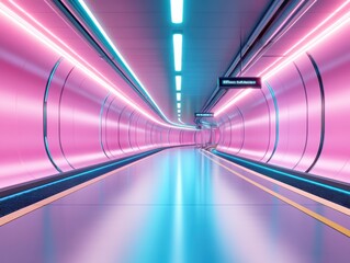 A futuristic subway tunnel with glowing neon lights in pink and blue, creating a sleek and modern...