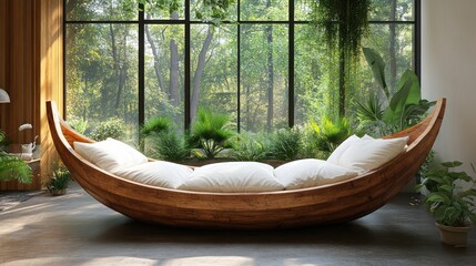 Wooden boat daybed in sunlit room with plants.
