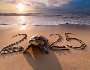 Sea turtle walking on beach near 2025 written in sand