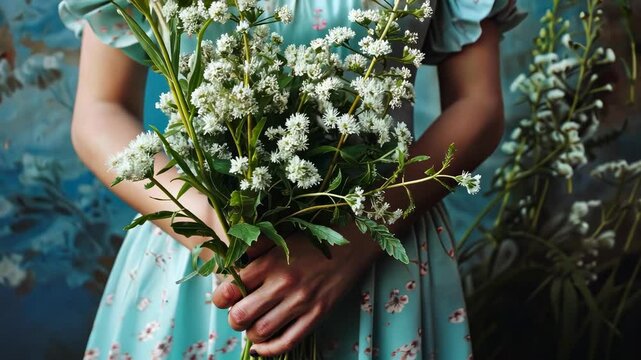 close-up of a woman holding valerian in her hands. Selective focus