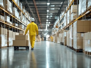 Obraz premium A worker in yellow uniform pushes a trolley loaded with cardboard boxes through a spacious warehouse with tall shelves and industrial lighting.