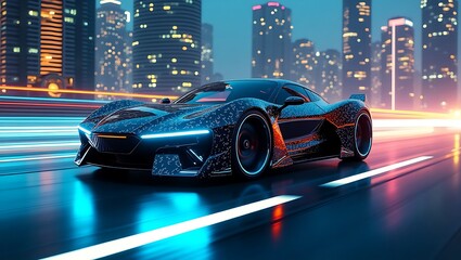 Fototapeta premium Luxury Electric Car Driving Through Neon Cityscape