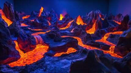Illuminated model of a volcanic landscape with glowing lava rivers flowing between dark, craggy mountains.