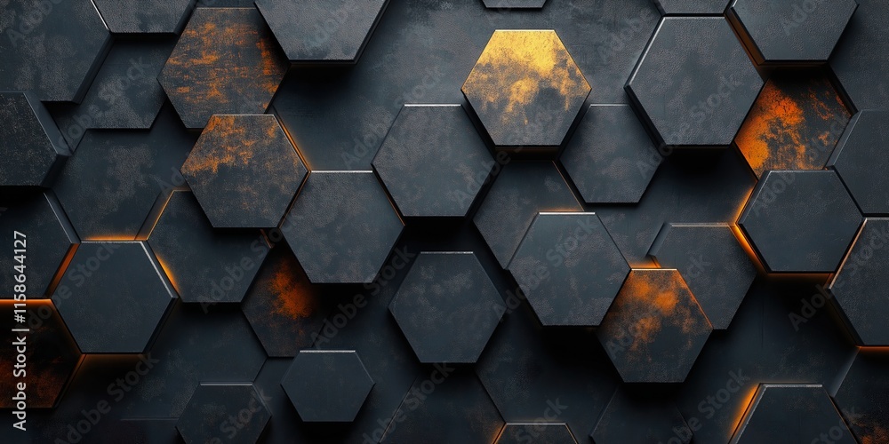 Wall mural abstract background of the cubes. abstract metal background with black and orange hexagons.