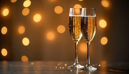 wo flutes of golden champagne with tiny bubbles rising, elegantly placed on a table with a bokeh background of twinkling fairy lights. Stock photography 32K, UHD, Ultra HD quality, high quality