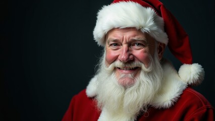Naklejka premium A cheerful old man in a classic Santa suit smiles against a dark holiday backdrop