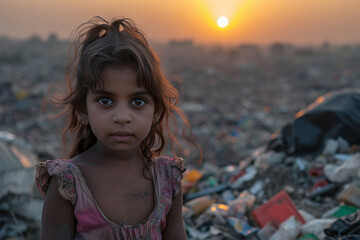 Young indian girl stands in landfill at sunset, highlighting issues of poverty and environmental pollution portraying stark reality of marginalized communities, homeless little girl
