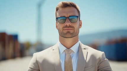 Fototapeta premium Confident Man Poses Sharply in Summer Suit, Harbor Photo. AI Generated