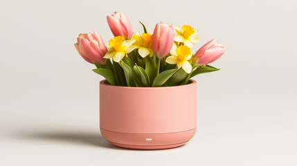Pink Potted Spring Flowers:  A delicate bouquet of pink tulips and yellow daffodils blooms in a modern blush pink pot, evoking feelings of spring renewal and fresh beginnings.