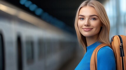 Smiling Woman Confidently Poses at Train Station: Close-Up Photo. AI Generated