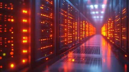 Illuminated server room with rows of rack servers.