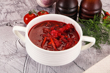 Homemade red soup Borsch with cabbage