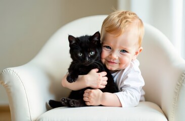 Little baby hugging black kitten, cute portrait. Postcard, love for pets