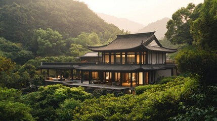 Fototapeta premium Luxurious Asian-style house nestled in lush green mountains at sunset.
