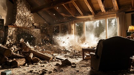 Fototapeta premium Destroyed living room after explosion, debris and dust.