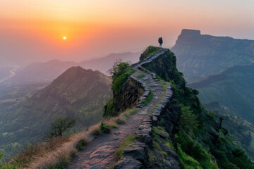 Back view of hiker stands walks on mountain ridge, overlooking breathtaking sunrise with clouds and peaks in the distance, evoking sense of freedom and serenity
