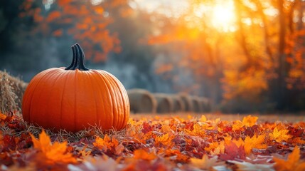 Single ripe orange pumpkin sits on autumn leaves in a field at sunset.