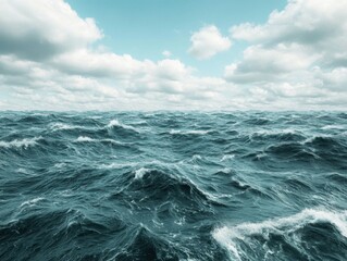 Fototapeta premium A vast, tumultuous ocean under a cloudy sky creates a powerful, dramatic scene with shades of blue and gray, evoking a sense of mystery and awe.