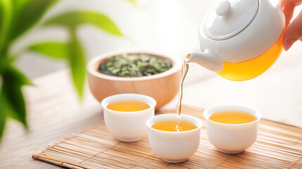 Tea Ceremony: A serene and calming scene of a hand pouring tea from a white teapot into delicate cups, surrounded by a natural backdrop of green leaves and bamboo.