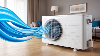 A modern white air conditioner with blue waves of cool breeze flowing out, set in an indoor living room environment.