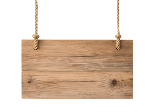wooden sign board hang on a rope, wood blank panel, cutout png