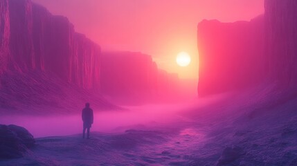 Solitary figure in a pink, misty canyon at sunset.