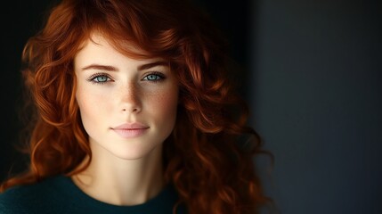 Fototapeta premium Close-up Photo: Stunning Woman with Vibrant Red Curls, Softly Lit Portrait. AI Generated