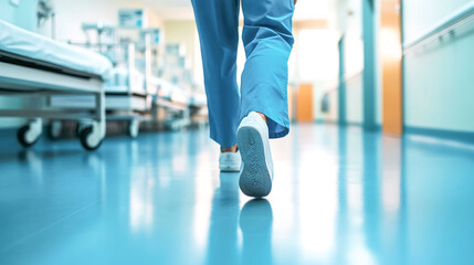Hospital Corridor: A nurse's journey, captured from behind as they walk down a bright blue hospital corridor. Focus on their steps, symbolizing dedication and care. 