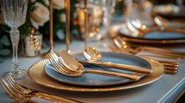Elegant gold cutlery on a blue plate with gold rim, part of a luxurious table setting.