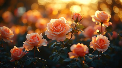 Peach roses blooming in sunset garden.