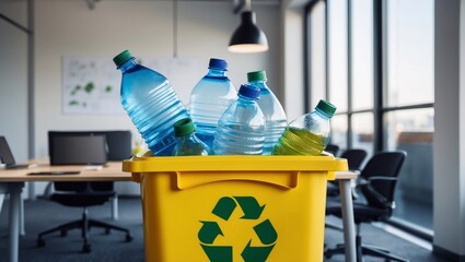 Yellow recycling bin filled with plastic bottles in a modern workspace emphasizing environmental sustainability