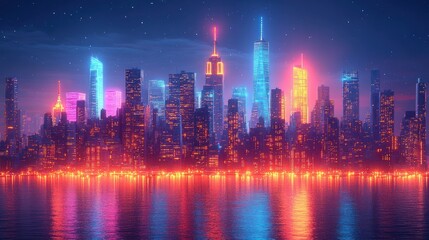 Vibrant neon-lit cityscape at night, reflected in water.