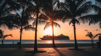 Sunrise cruise ship view through palm trees.