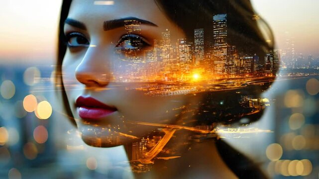 Profile of woman merging with a cityscape at sunset, concept of connection, artificial intelligence and smart city multiple exposure photography