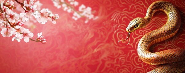 Fototapeta premium A golden snake entwines against a vibrant red background adorned with delicate cherry blossoms, symbolizing strength and beauty.
