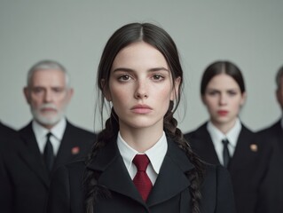 A portrait of diverse individuals from various generations dressed in formal attire, featuring a focus on a young woman with braided hair.