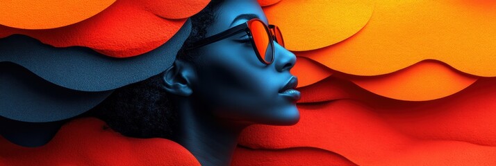 Creative graphic layout featuring a woman against vibrant layers of color