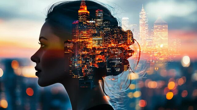 Profile of woman merging with a cityscape at sunset, concept of connection, artificial intelligence and smart city multiple exposure photography