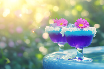 A vibrant image of two fancy cocktails garnished with fruit slices and ice cubes. They sit on a table, creating a festive atmosphere and summer vibes. The drinks delight with rich colors, perfect for 