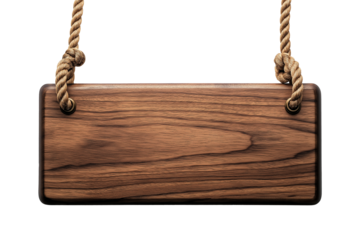 wooden sign board hang with a rope, walnut wood blank panel, cutout png