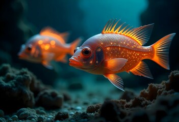 Fototapeta premium Glowing orange fish swimming over dark seabed in the deep ocean