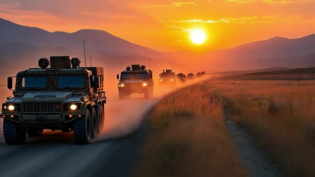 Convoy of military vehicles moving through a vast landscape, the silhouettes of the trucks and tanks barely visible in the fading light