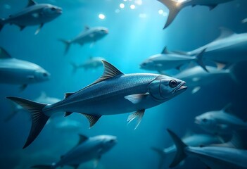 Fototapeta premium Fish swimming in deep blue water with school of fish in background