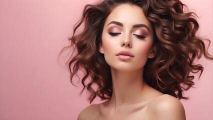 Naklejka premium A lovely young woman's face with her eyes closed on a beautiful pastel pink background. Concept banner for beauty, skin care, makeup, and cosmetics