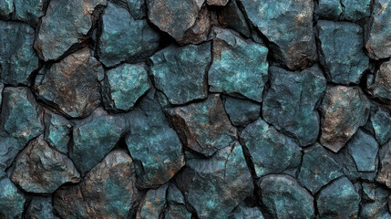 Obraz premium A seamless, intricate stone texture with deep fissures and rough surfaces, rendered in cool shades of cobalt blue and emerald green
