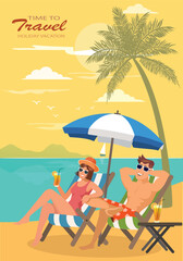 Couple tourist relaxing on loungers drinks cocktail on sea beach. Boyfriend and girlfriend under beach umbrella on deck chairs. destination for summer travel holidays concept. illustration